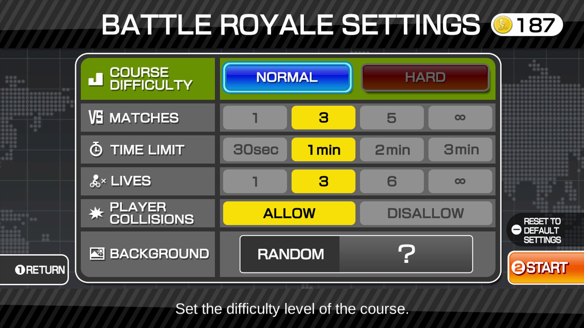 The Battle Royale options are quite extensive. You can change the number of matches, the time limit, the number of lives available and even turn player collisions on and off.