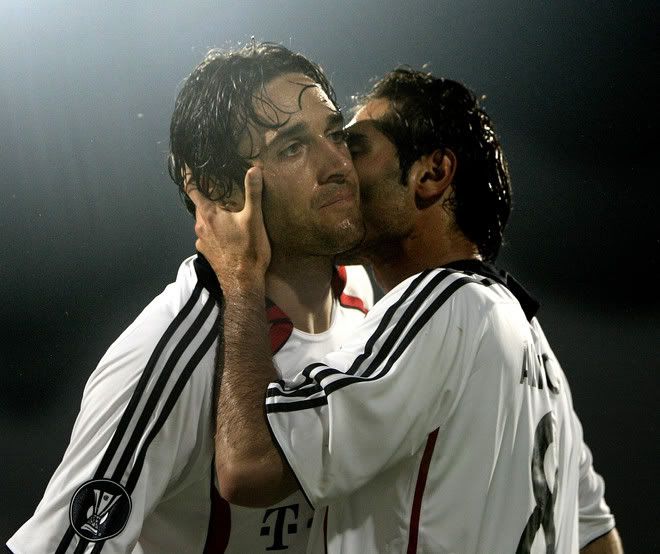 Luca Toni and Hamit Altintop celebrate after a goal