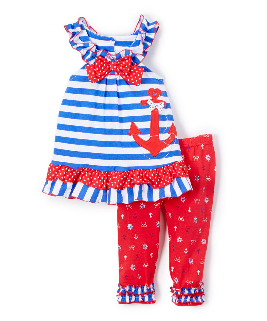 NWT Nannette Whale Wave Blue Tunic Red Ruffle Leggings Outfit Set 4th of July